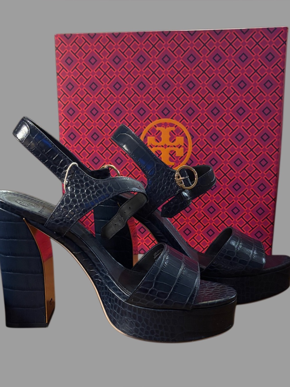 Tory Burch Navy Croc-Embossed Platform Sandals with Gold Buckle